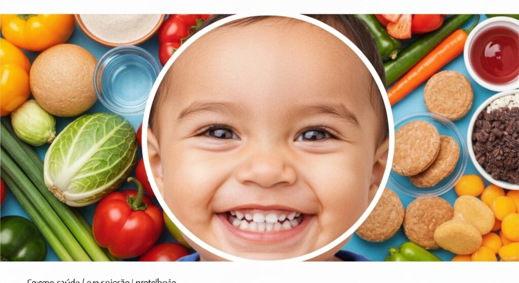Um sorriso infantil saudável cercado por frutas e vegetais, com doces e refrigerantes sutilmente ao fundo, ilustrando os alimentos que prejudicam os dentes infantis e a importância de uma dieta protetora.