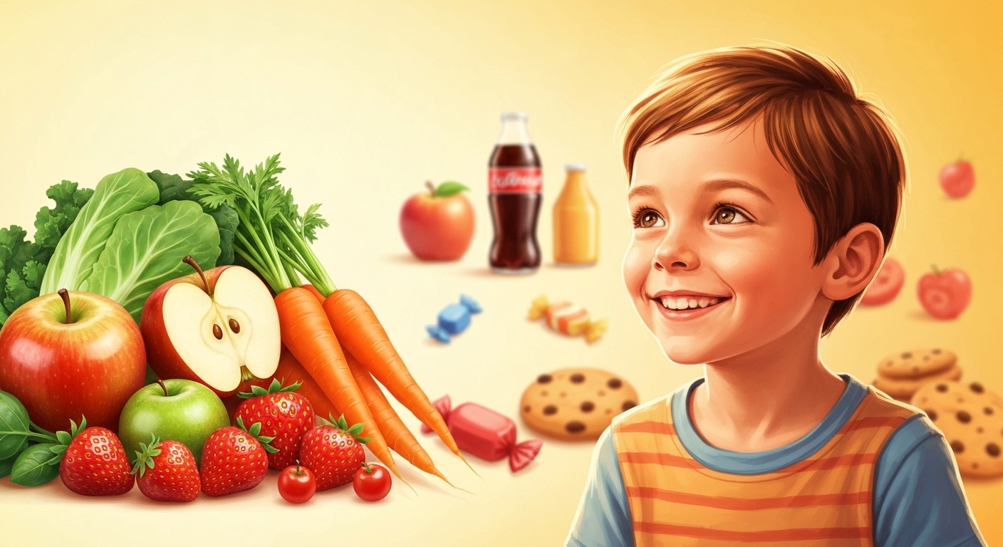 Criança sorridente observando opções de alimentos saudáveis (frutas e vegetais) em contraste com doces, ilustrando a importância da dieta na prevenção de problemas causados por alimentos que prejudicam os dentes infantis.