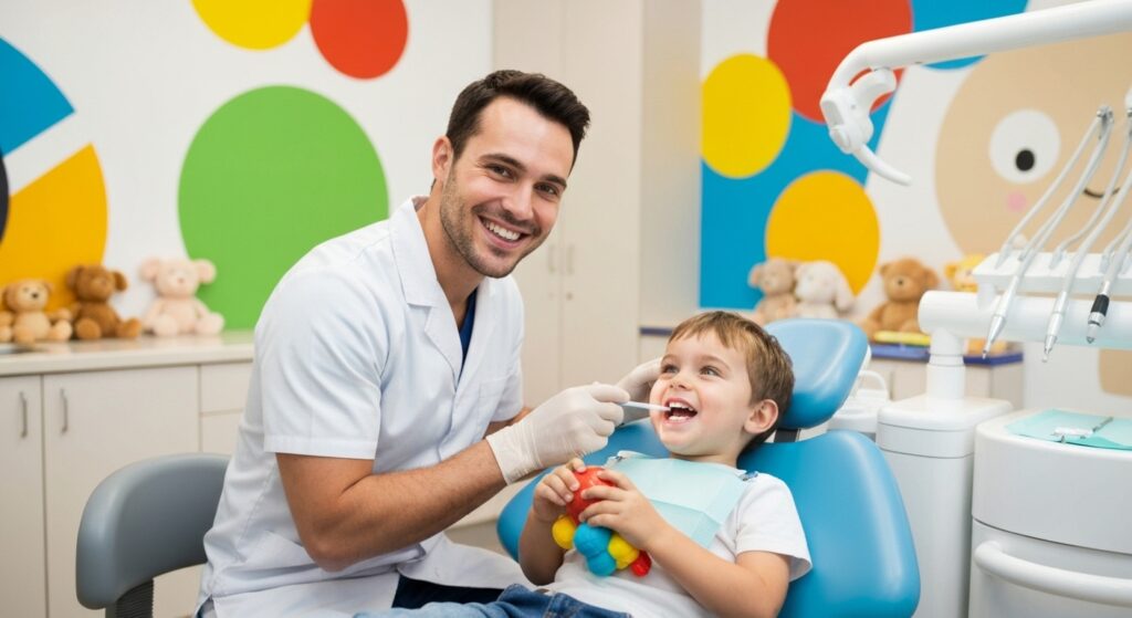 Dentista infantil examinando a boca de uma criança