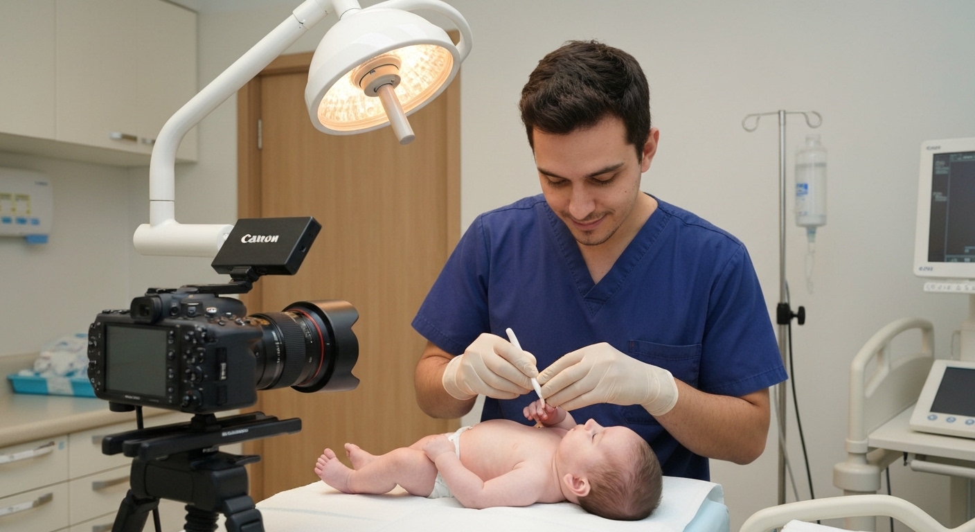 Bebê sendo examinado por um odontopediatra para avaliar a língua e a amamentação