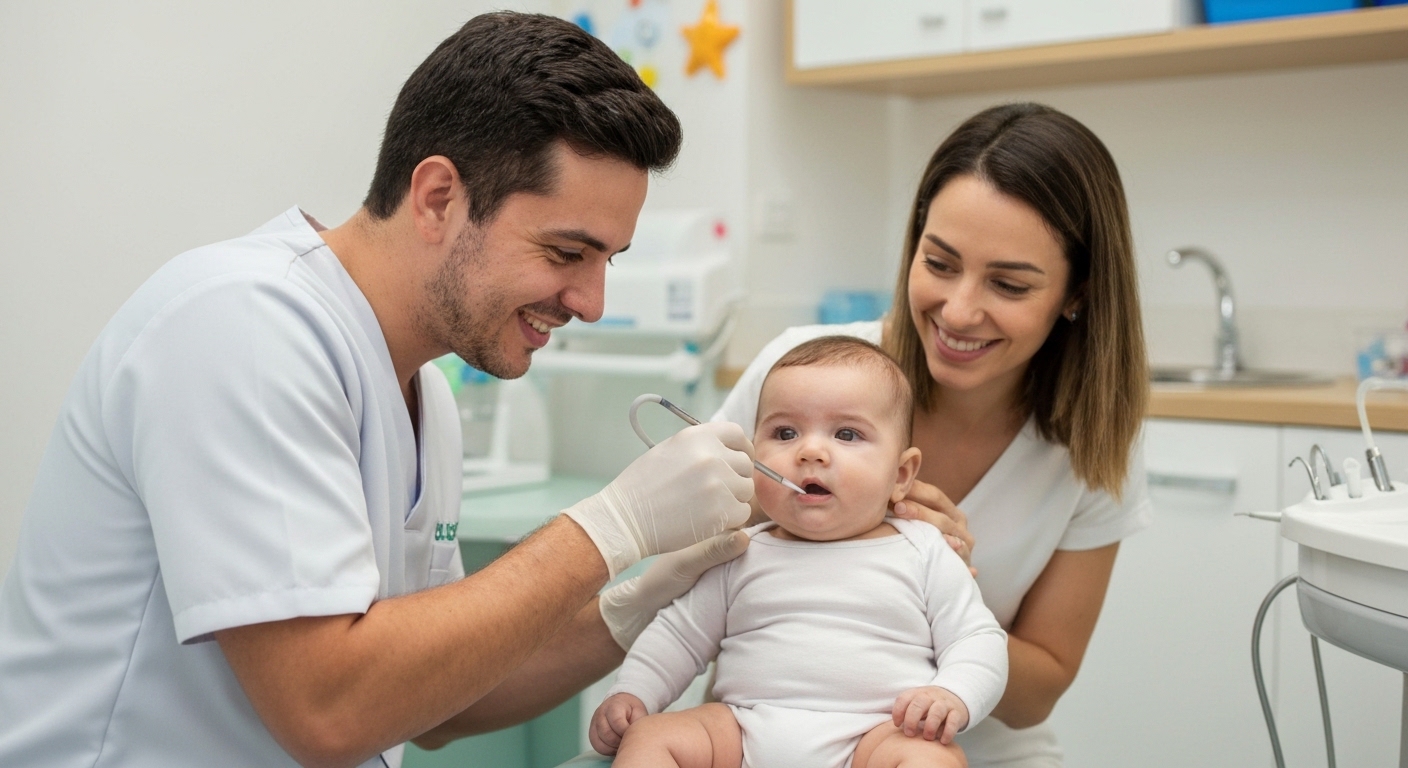 Dentista pediátrico examinando bebê com sorriso acolhedor na Odonto Kids Sergipe