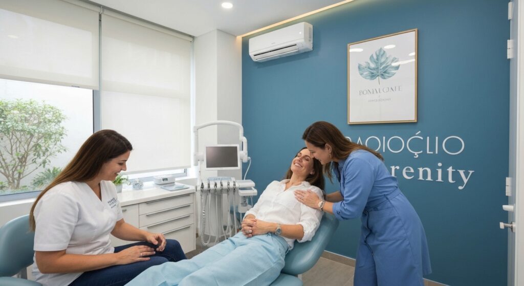 Odontopediatra examinando a boca de um bebê, com a mãe ao lado.