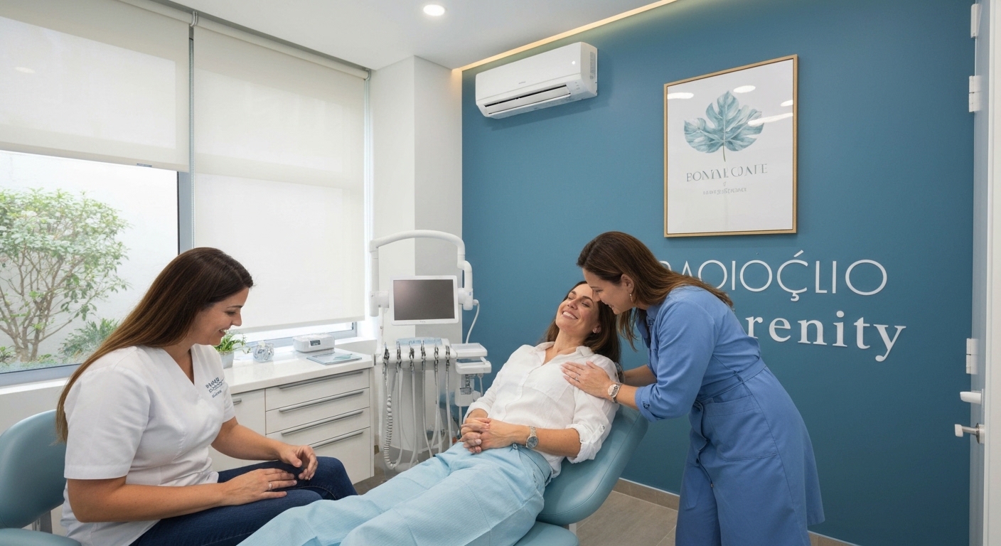 Odontopediatra examinando a boca de um bebê, com a mãe ao lado.