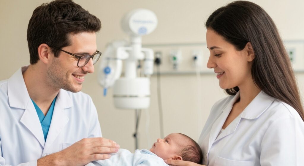 Mãe amamentando bebê com apoio de odontopediatra em clínica.