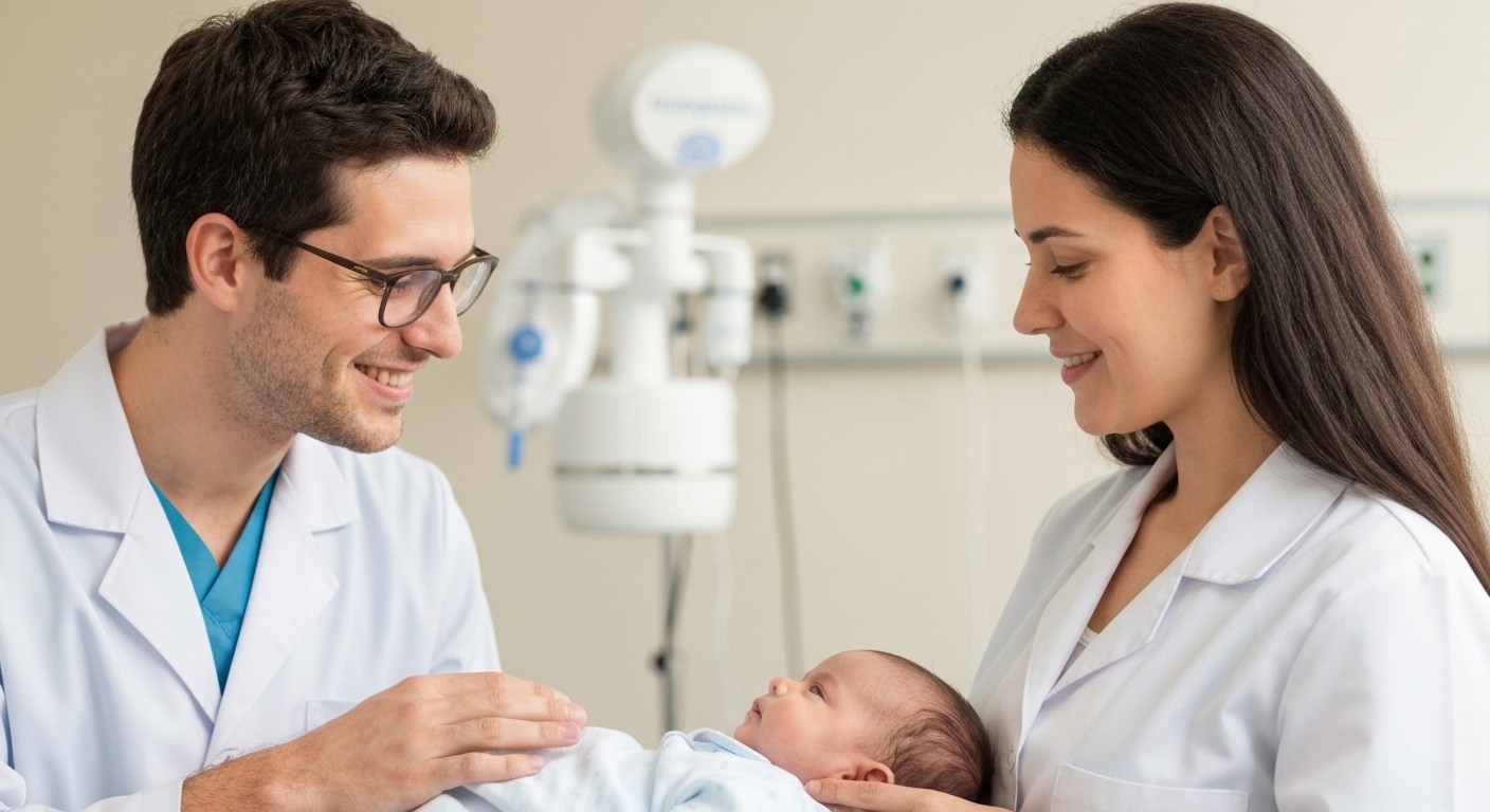Mãe amamentando bebê com apoio de odontopediatra em clínica.