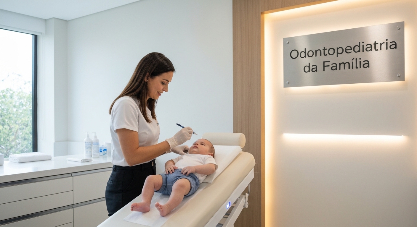 Odontopediatra avaliando freio oral de recém-nascido para amamentação