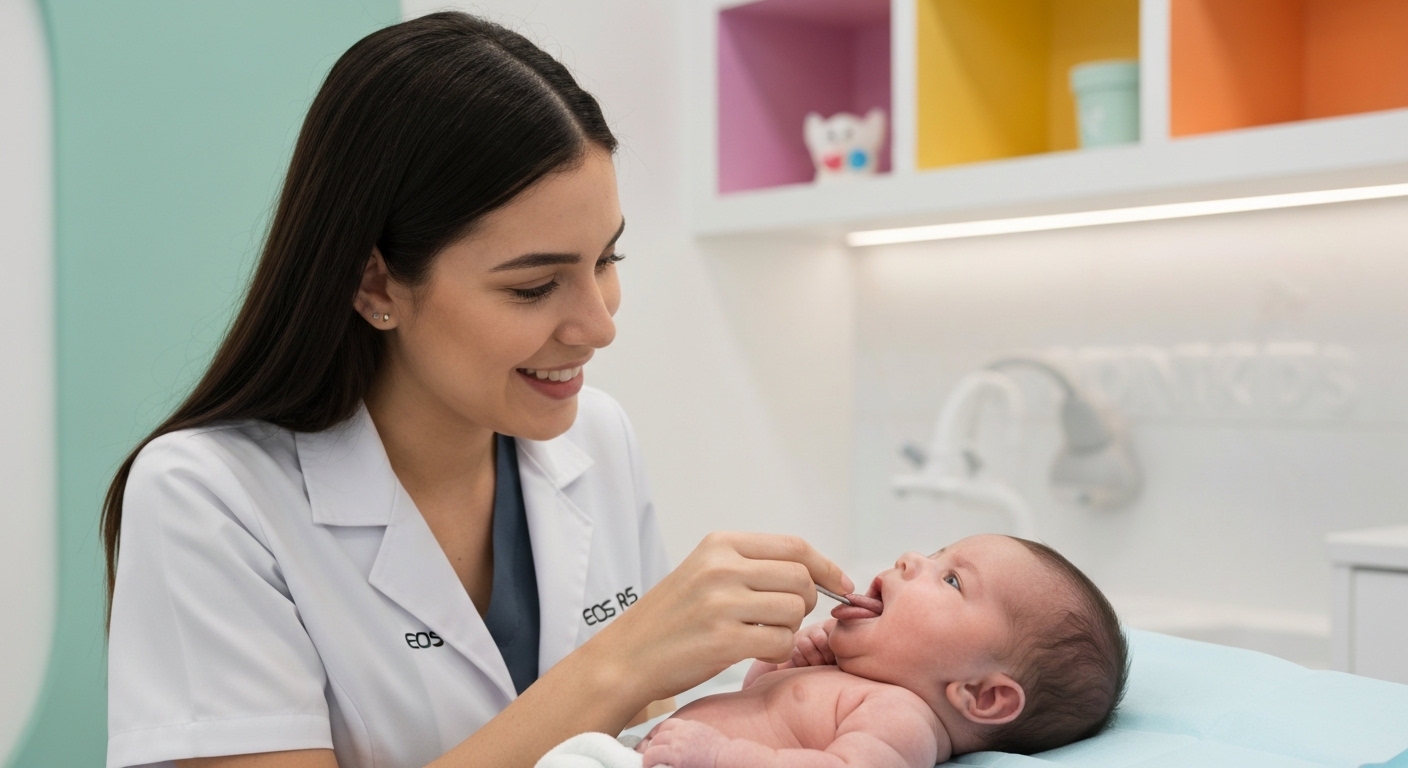 Bebê sendo examinado por um dentista infantil para avaliar a língua e a amamentação.