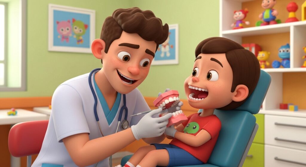 Criança sorrindo no consultório odontológico infantil.