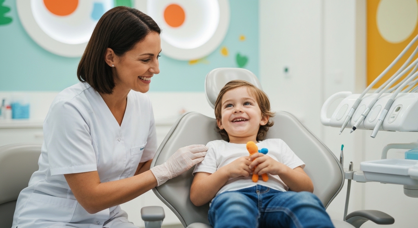Uma criança sorridente e relaxada brincando com uma dentista amigável em um consultório odontológico infantil colorido e acolhedor, ilustrando como lidar com o medo de dentista infantil e criar uma experiência positiva.