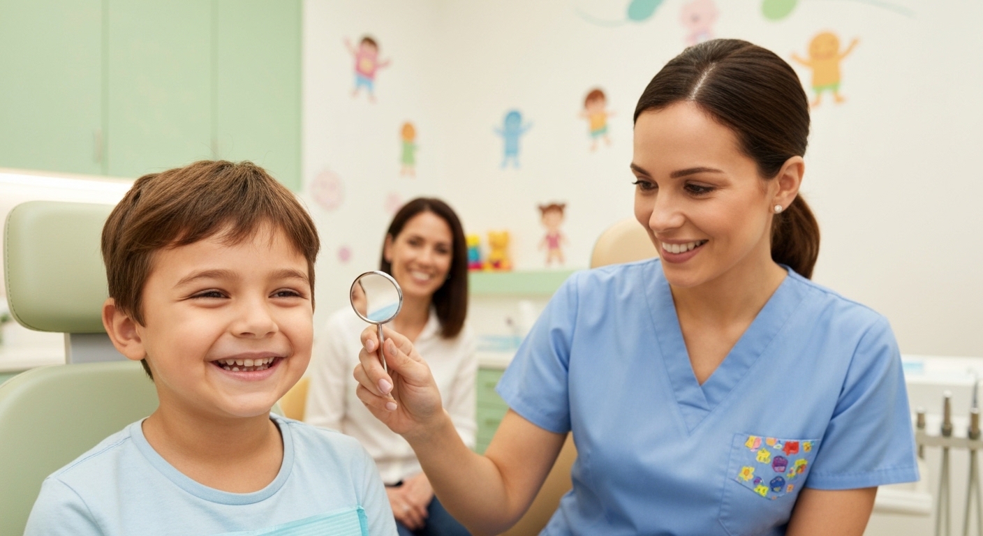 Uma criança sorridente e relaxada sentada na cadeira do dentista com uma dentista pediátrica amigável, ilustrando como lidar com o medo de dentista infantil e criar uma experiência positiva.
