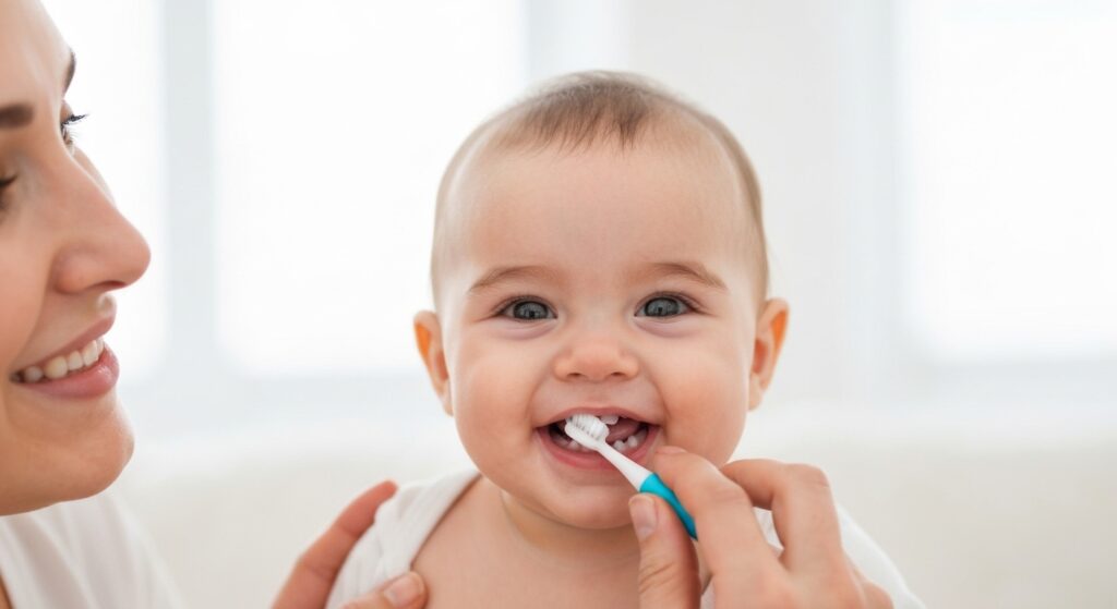 Bebê feliz com dentes limpos e um adulto auxiliando na escovação, ilustrando como prevenir a cárie de mamadeira e promover a higiene oral infantil.