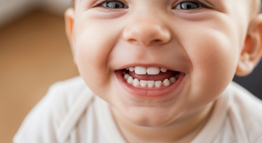 Bebê sorridente e saudável mostrando dentes brancos e gengivas cor-de-rosa, ilustrando a importância de saber como prevenir a cárie de mamadeira com uma boa higiene bucal.