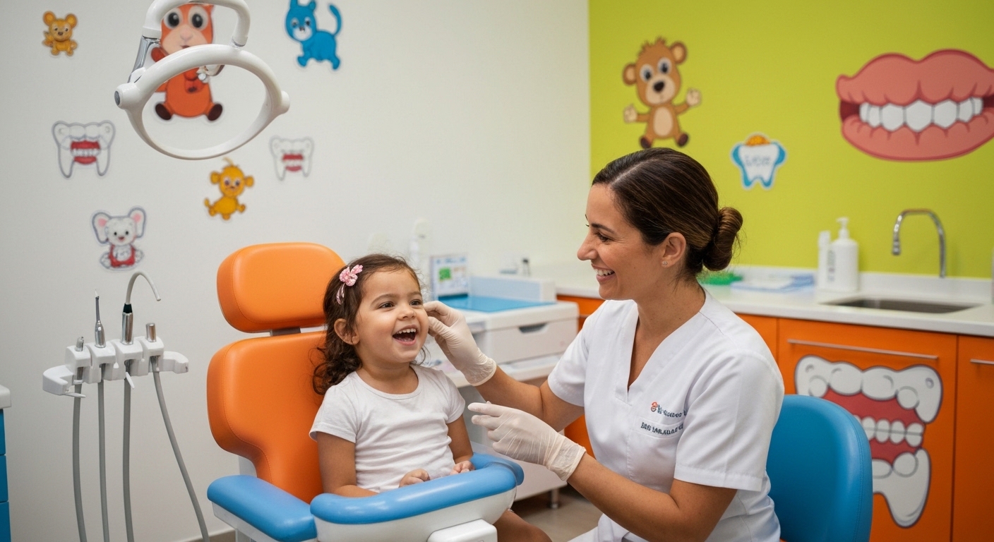 Dentista examinando criança em clínica infantil para reforçar esmalte do dente.