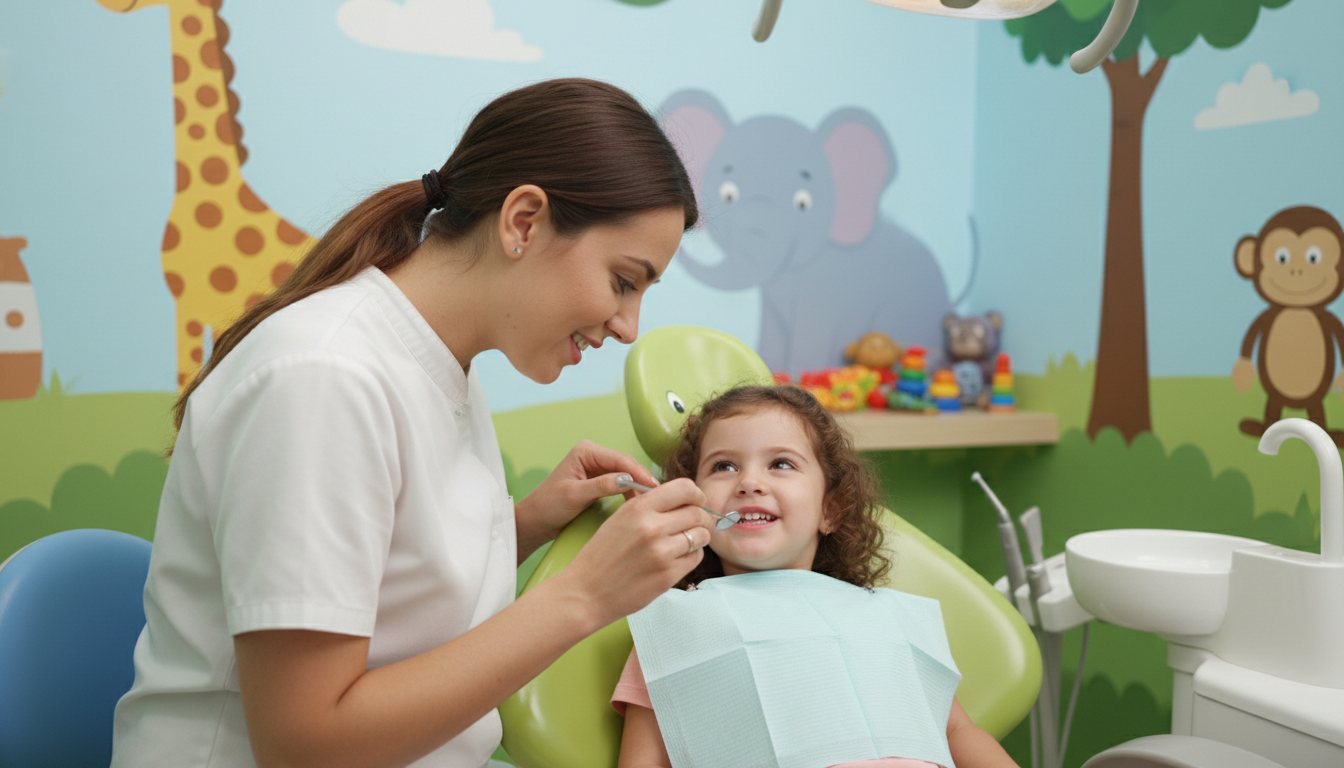 Odontopediatra examinando o sorriso de uma criança.