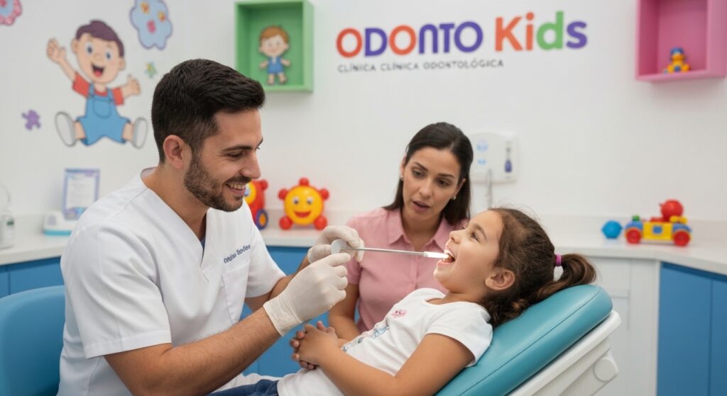 Dentista pediátrico atendendo uma criança com um sorriso acolhedor na clínica Odonto Kids em Sergipe.