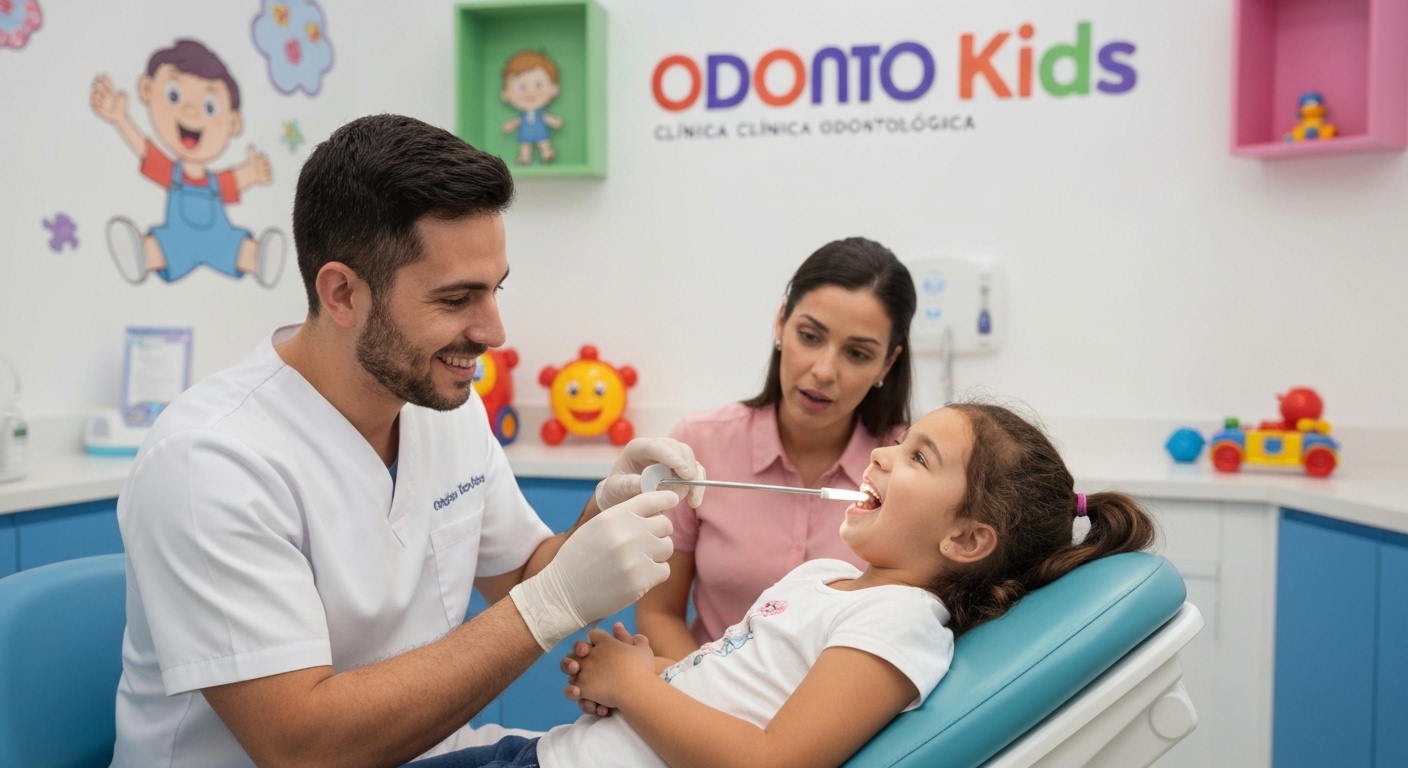 Dentista pediátrico atendendo uma criança com um sorriso acolhedor na clínica Odonto Kids em Sergipe.