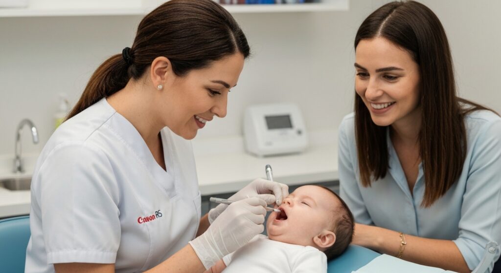 Cirurgiã-dentista examinando bebê com língua presa para frenectomia