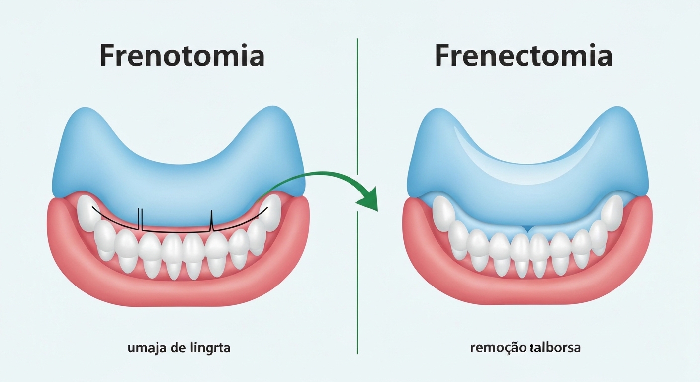 Ilustração conceitual comparando um corte simples e uma remoção mais abrangente de um freio oral, representando a diferença entre frenotomia e frenectomia.