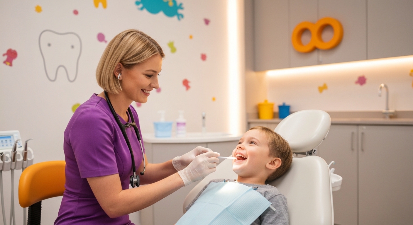 Odontopediatra cuidando do esmalte dentário de uma criança na Odonto Kids Sergipe