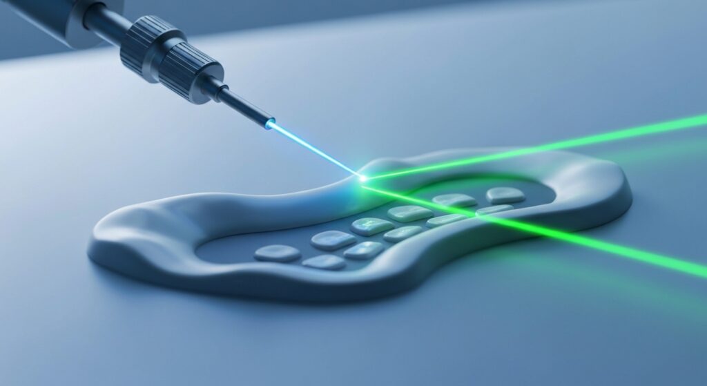 Imagem conceitual de um laser de precisão atuando em uma área oral, simbolizando a tecnologia avançada e segurança da frenectomia a laser em Aracaju.