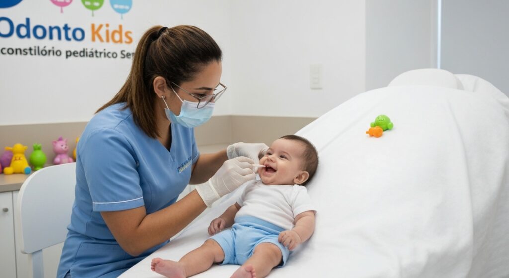 Odontopediatra examinando bebê para avaliar freio lingual/labial
