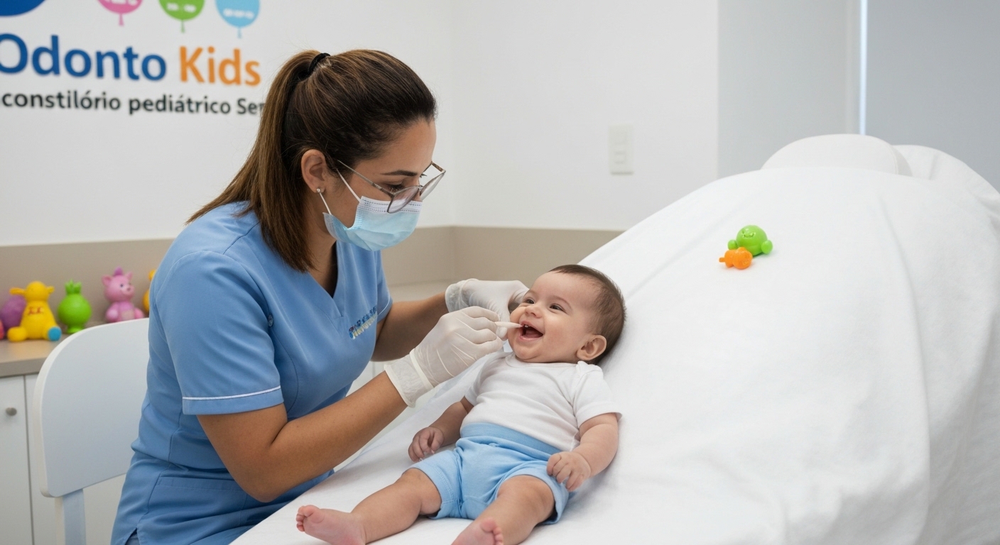 Odontopediatra examinando bebê para avaliar freio lingual/labial