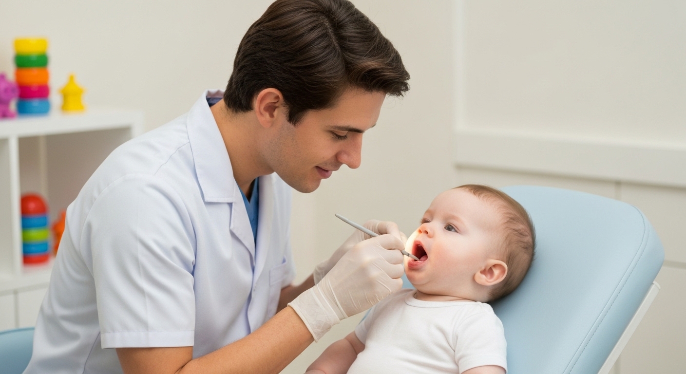 Bebê sendo examinado por dentista pediátrico para avaliação do freio labial/lingual.