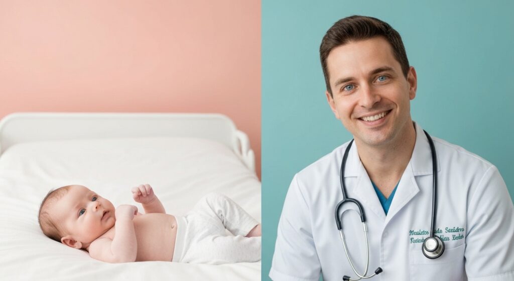 Bebê sorrindo após frenectomia infantil, com profissional de saúde ao fundo.