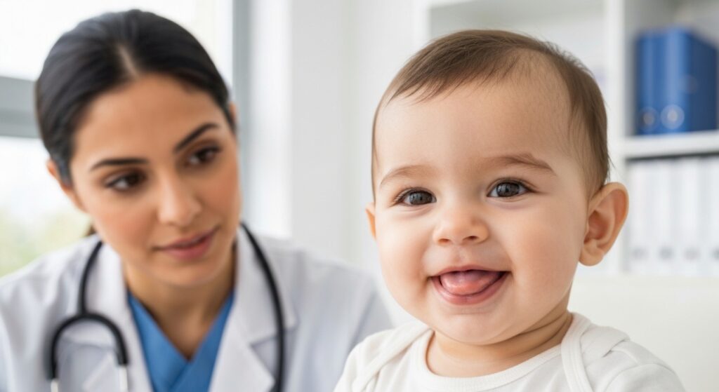 Bebê com freio lingual curto sendo examinado por um profissional de saúde.