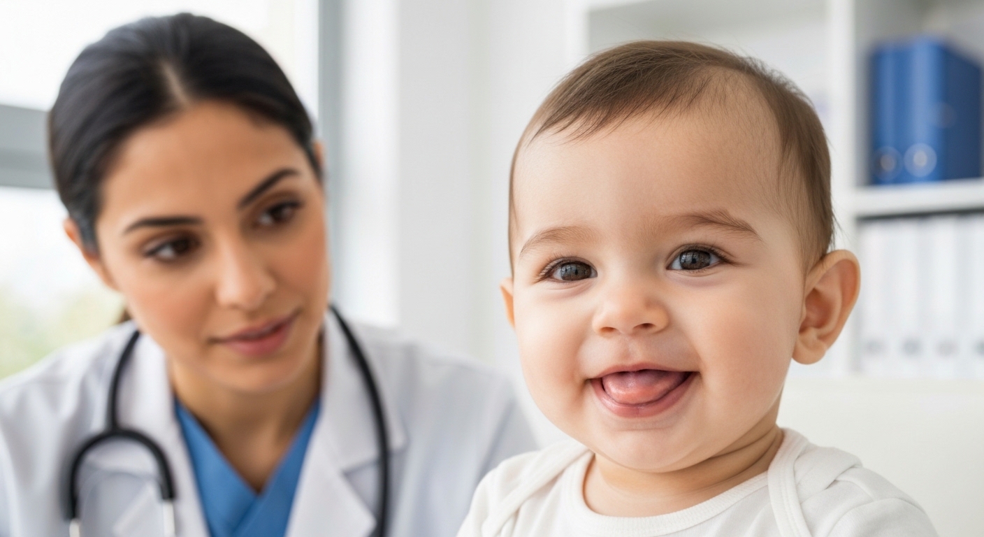 Bebê com freio lingual curto sendo examinado por um profissional de saúde.