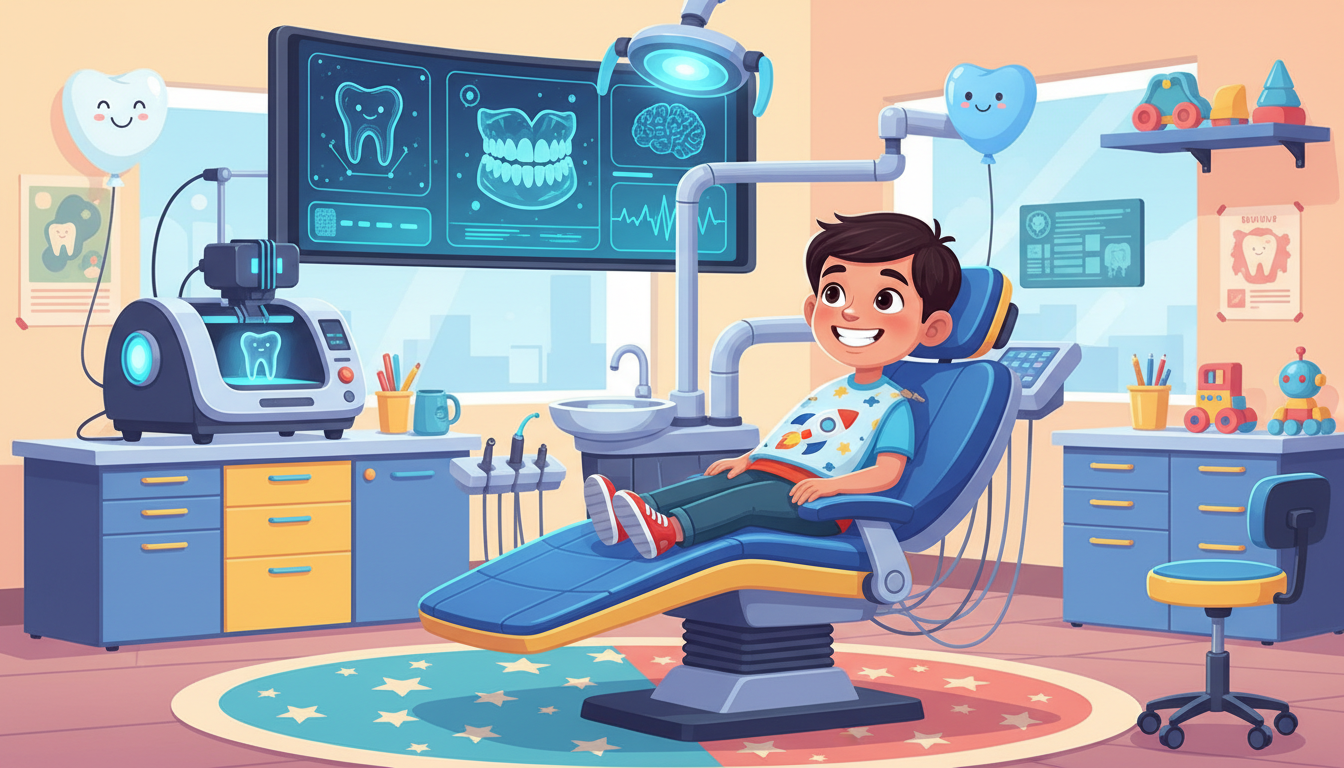 Criança sorrindo em consultório odontológico moderno com tecnologia avançada.
