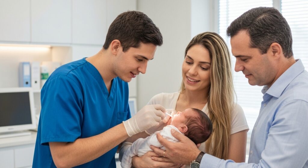 Pediatra avalia bebê prematuro com mãe e consultor de amamentação