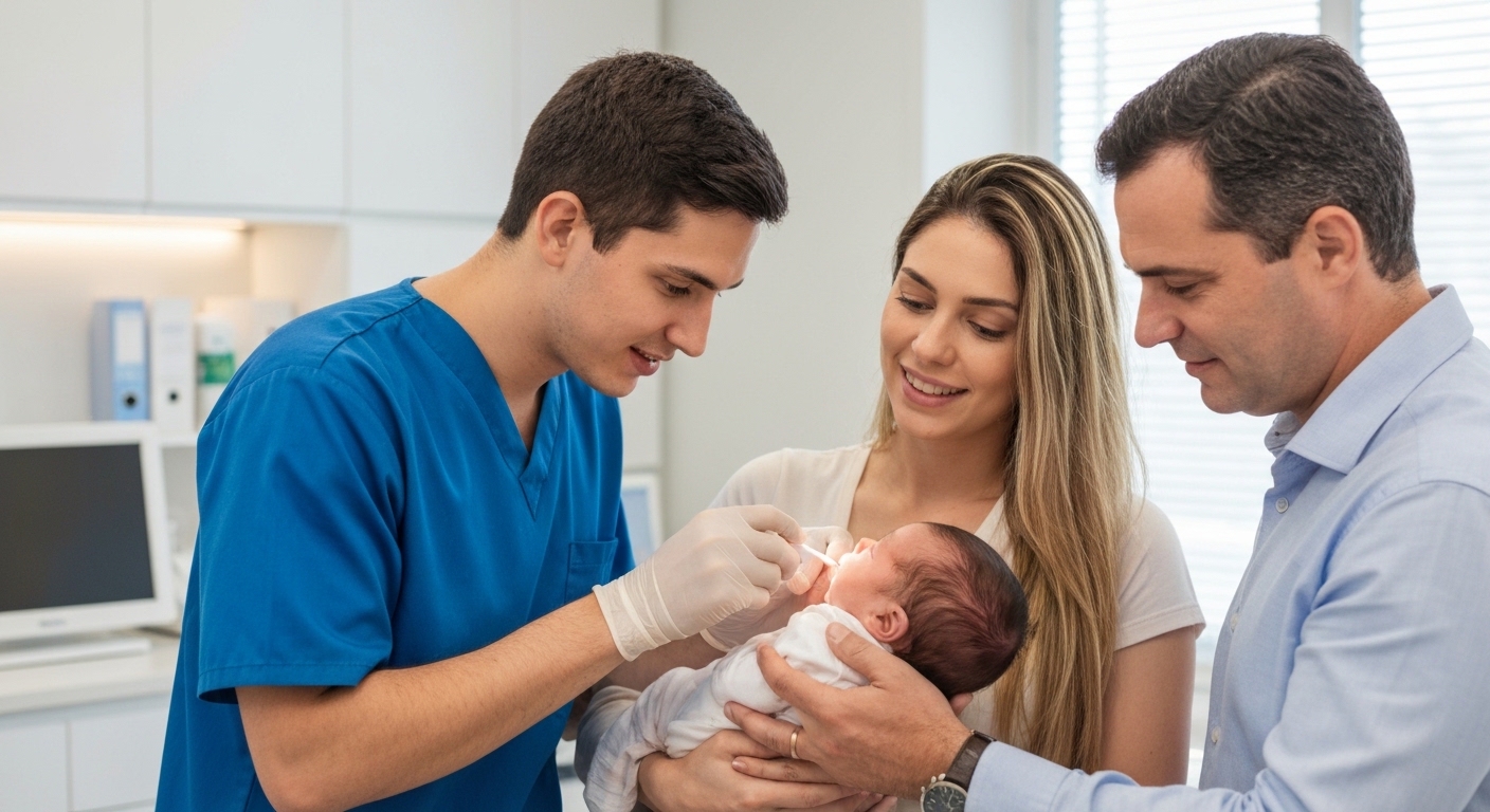 Pediatra avalia bebê prematuro com mãe e consultor de amamentação