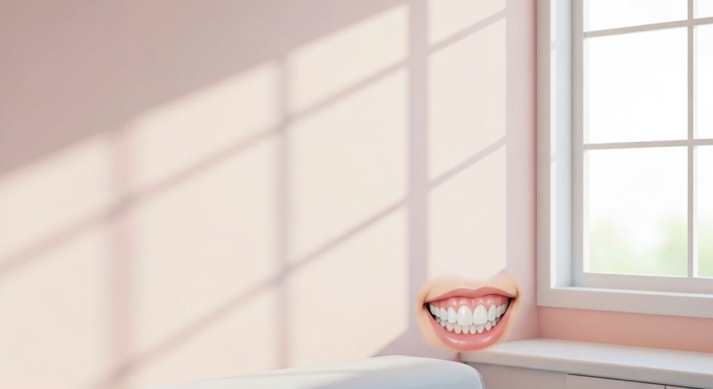 Criança com sorriso saudável e dentes fortes, em ambiente de clínica odontológica infantil.