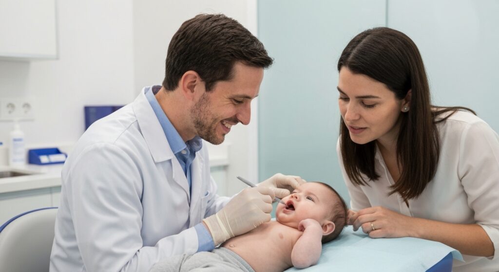 Odontopediatra examinando bebê com suspeita de anquiloglossia para avaliar a amamentação.