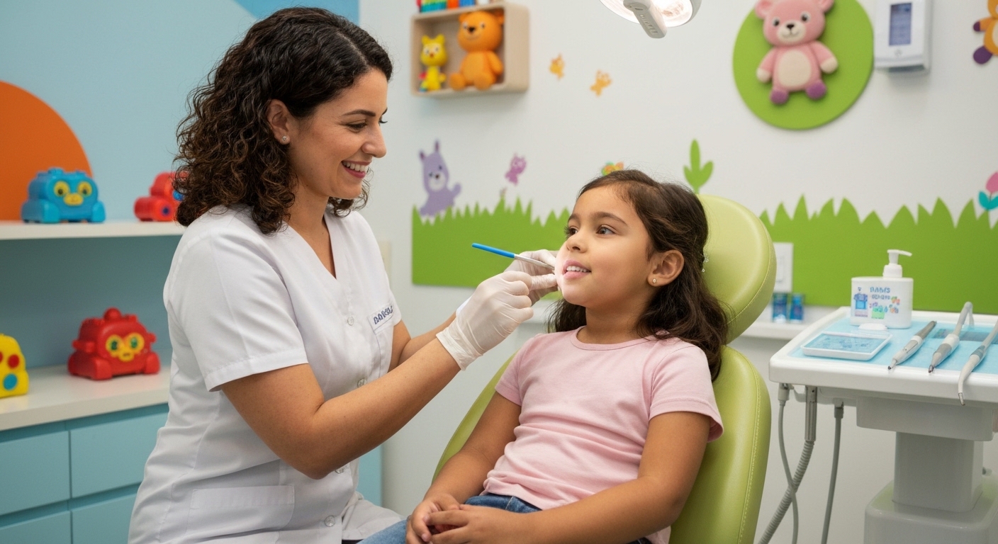 Dentista examinando a boca de uma criança em consultório infantil