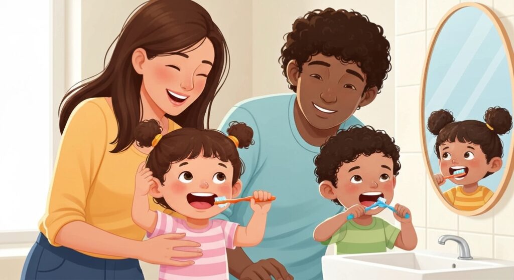 Pais e filhos de diferentes idades felizes escovando os dentes juntos, ilustrando a melhor forma de escovar os dentes das crianças de maneira divertida e eficaz.