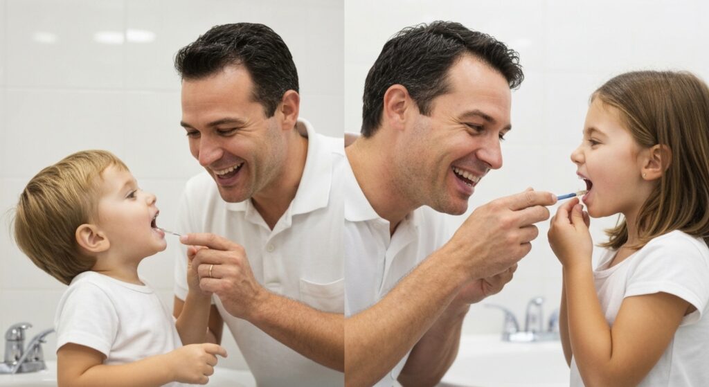 Pai e filhos sorridentes escovando os dentes juntos no banheiro, mostrando a melhor forma de escovar os dentes das crianças em diferentes idades.