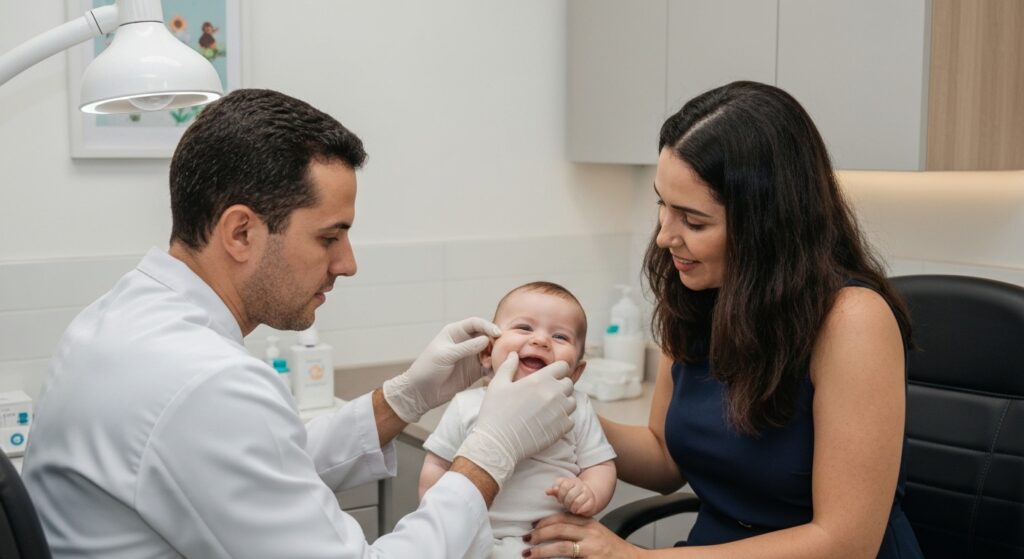 Odontopediatra avaliando bebê para frenectomia em consultório de Sergipe