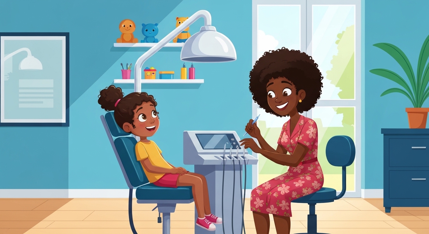 Dentista infantil explicando sobre esmalte dental para uma criança