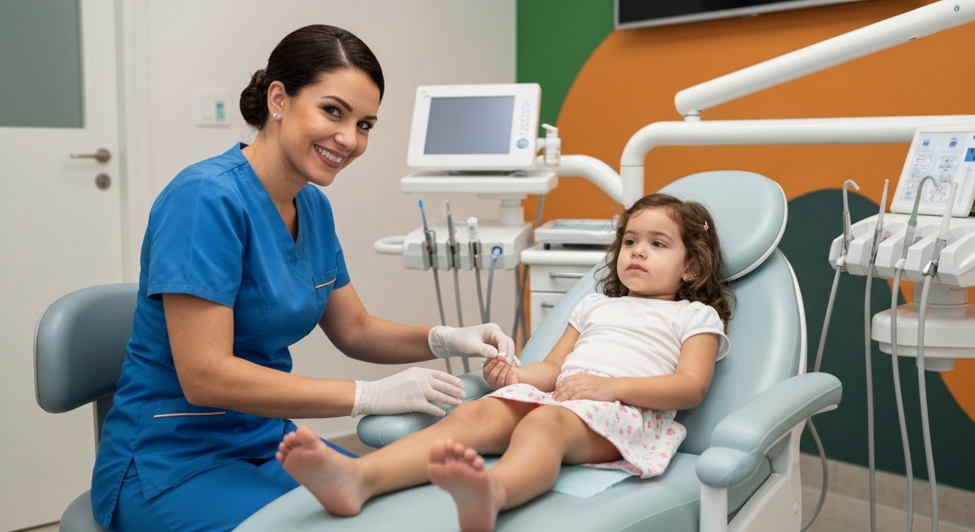 Odontopediatra realizando tratamento de canal em criança com conforto