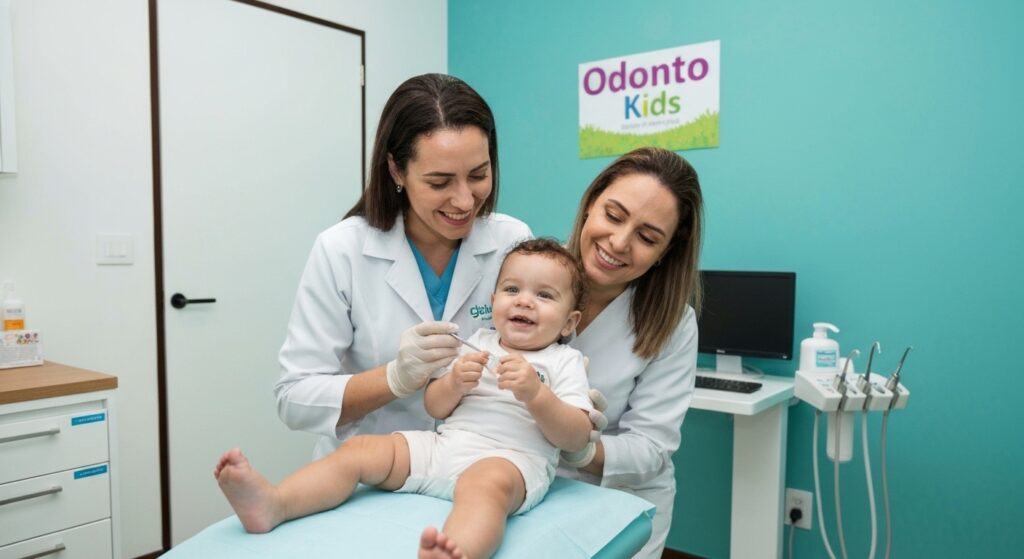 Mãe auxiliando filho na escovação dental na Odonto Kids Sergipe.