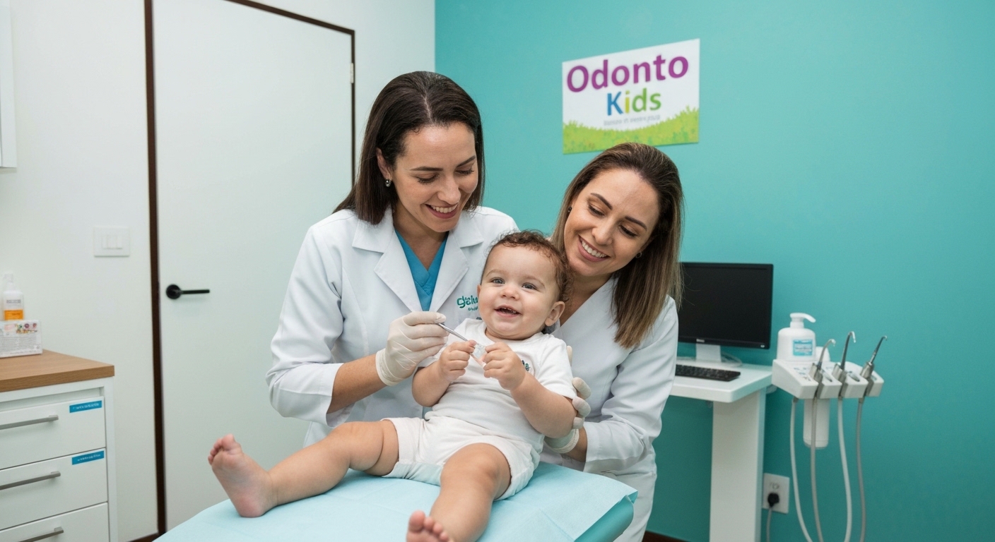 Mãe auxiliando filho na escovação dental na Odonto Kids Sergipe.