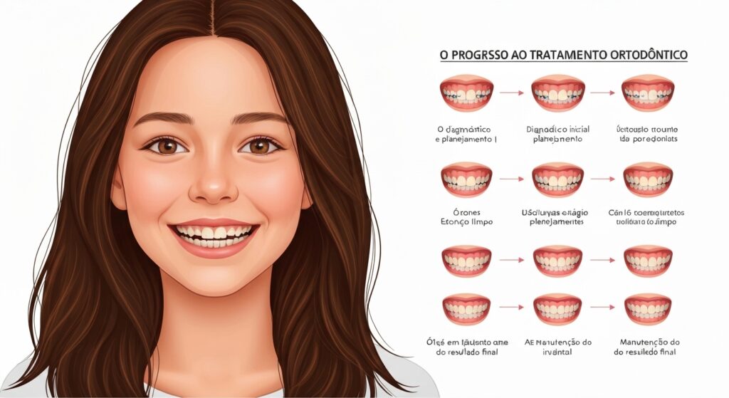 Ilustração das 6 etapas do tratamento ortodôntico