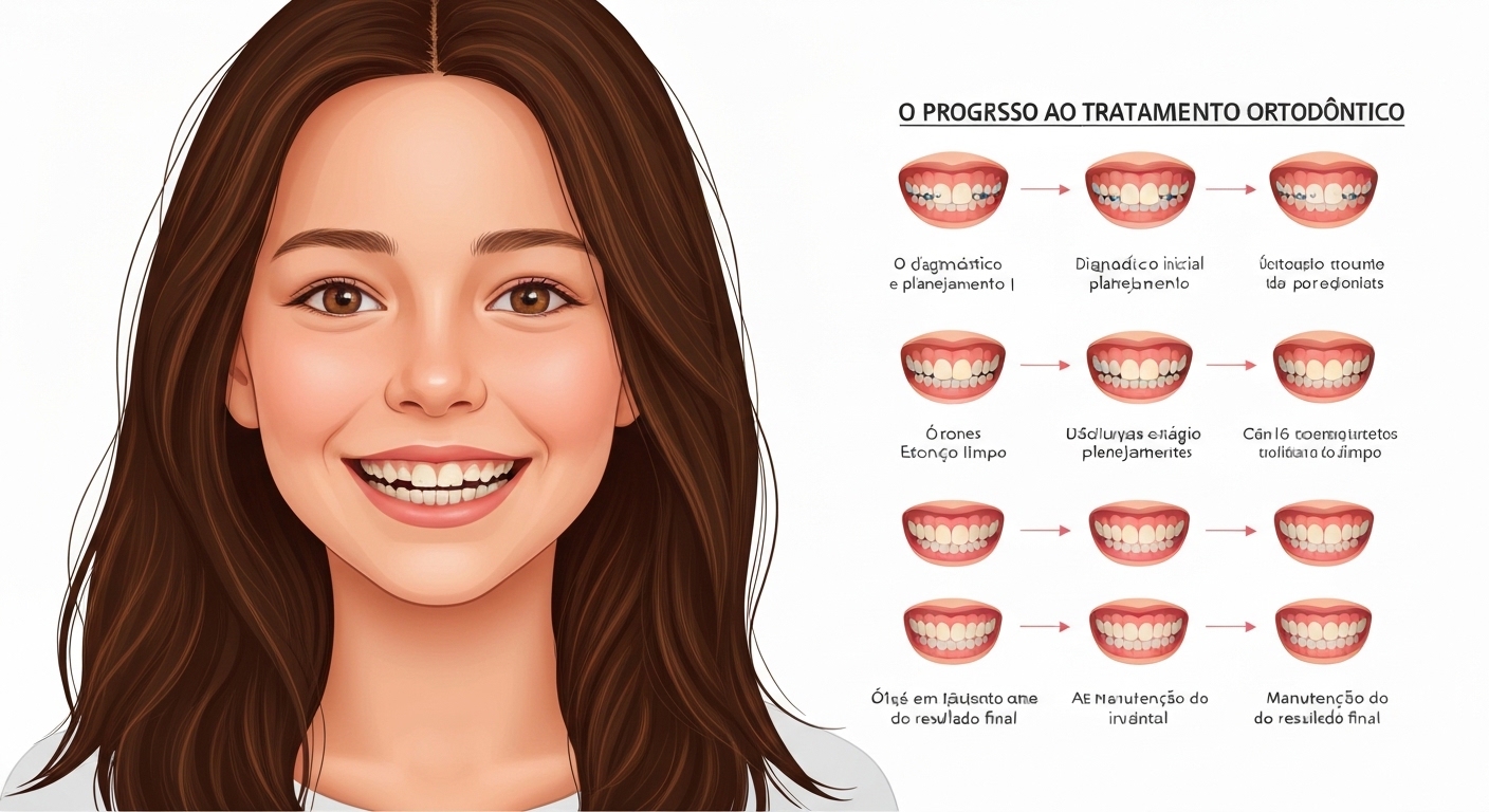 Ilustração das 6 etapas do tratamento ortodôntico