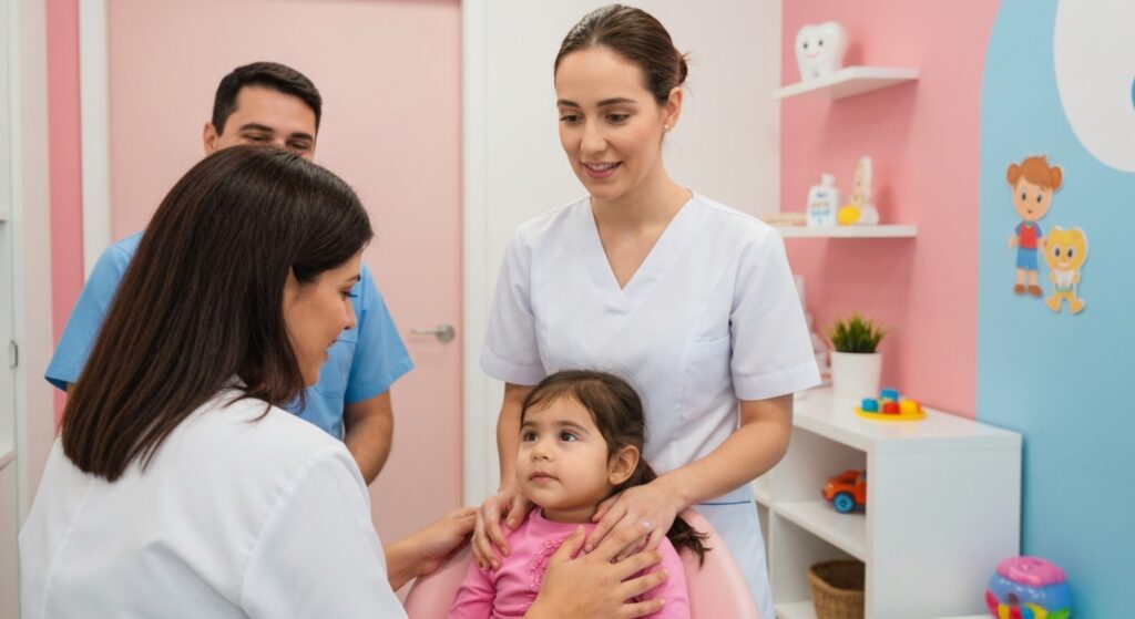 Criança recebendo conforto antes de atendimento odontológico de urgência.