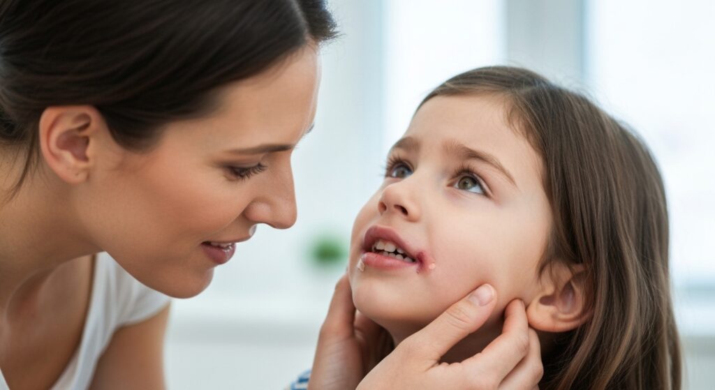 Um pai ou mãe, com expressão de cuidado, conforta seu filho(a) pequeno(a) após um acidente, com um leve inchaço na boca, simbolizando a importância de saber o que fazer em caso de traumatismo dentário infantil.