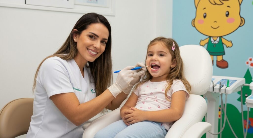 Dentista pediátrico examinando um dente de criança em ambiente lúdico