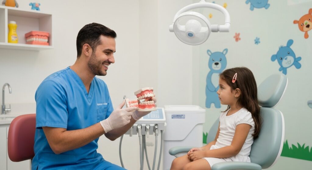 Odontopediatra explicando o tratamento de canal para uma criança