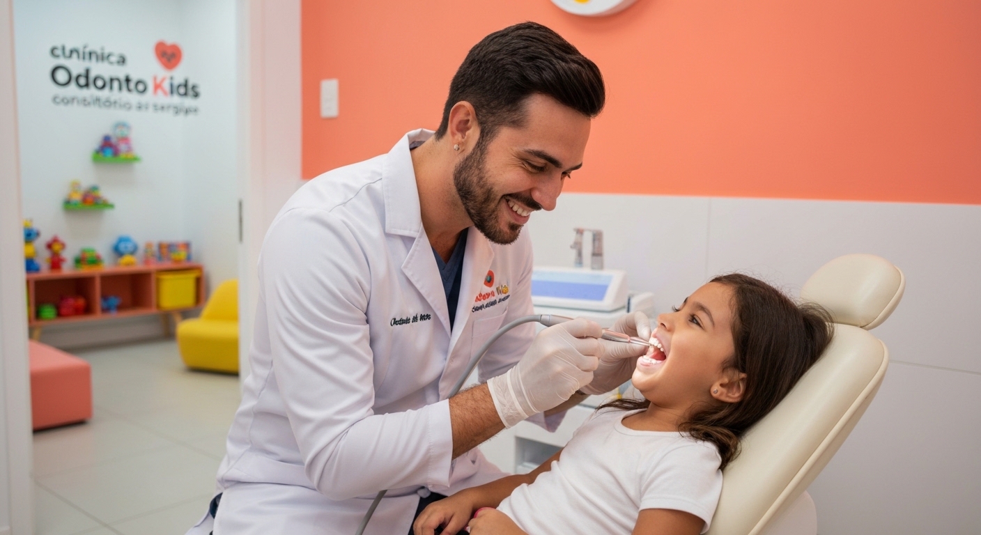 Odontopediatra cuidando da saúde bucal infantil com foco na recuperação do esmalte do dente.